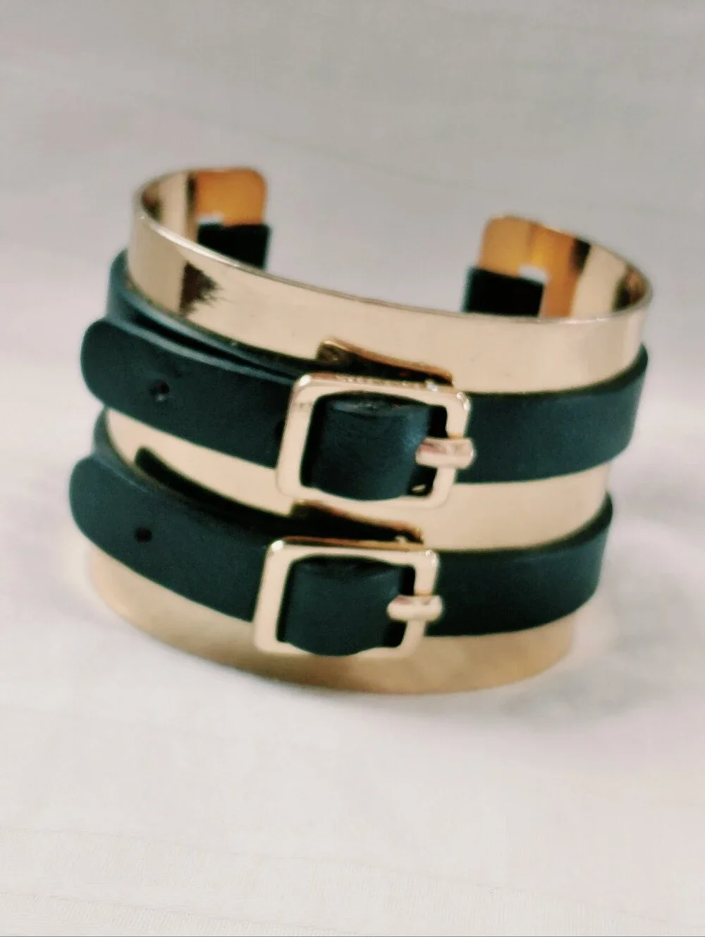 Gold Leather Buckles Cuff Bracelet
